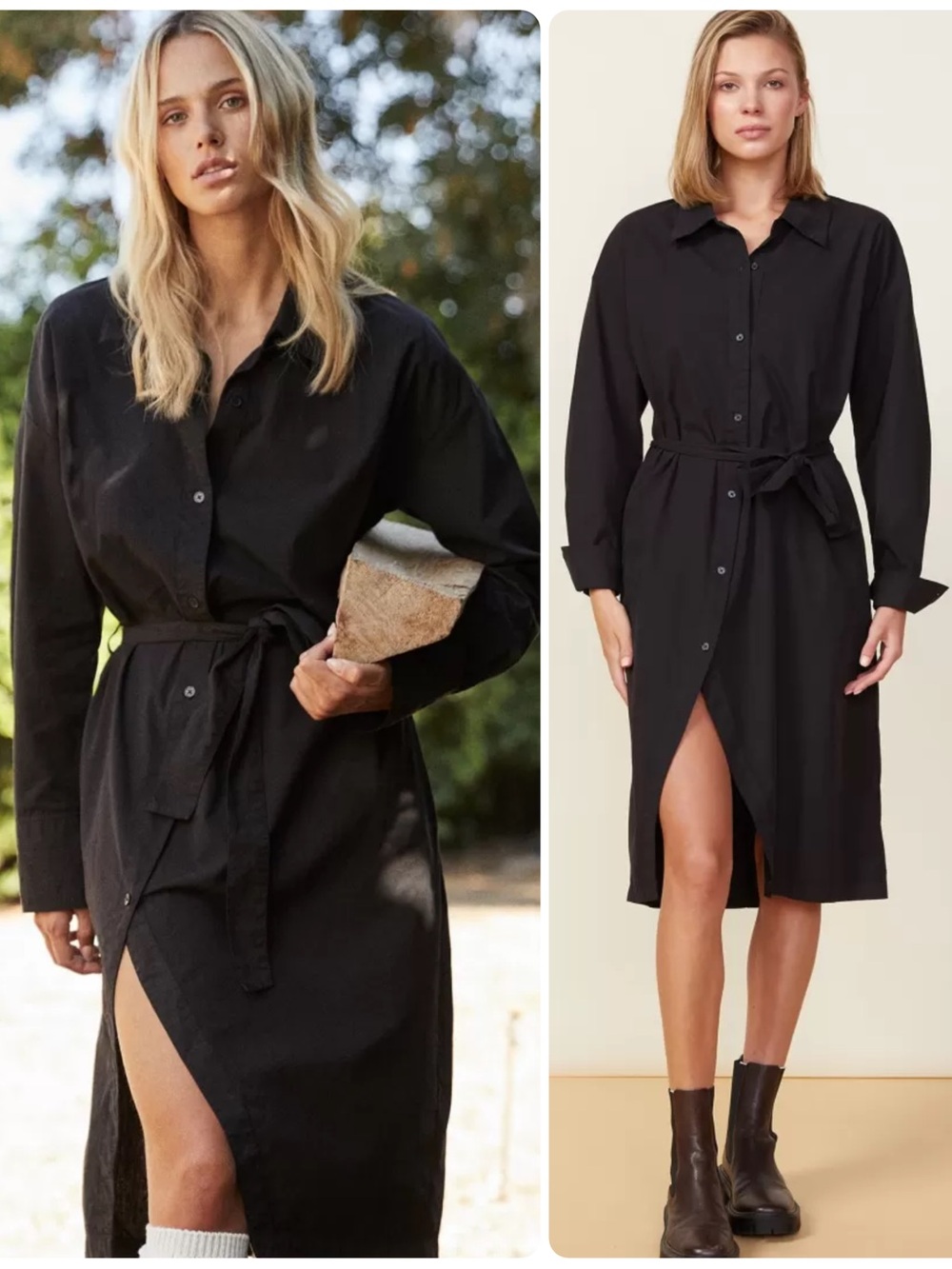 Monrow Poplin Cotton Black Self-Tie Waist Button-Down Shirt Midi Dress NWT $224